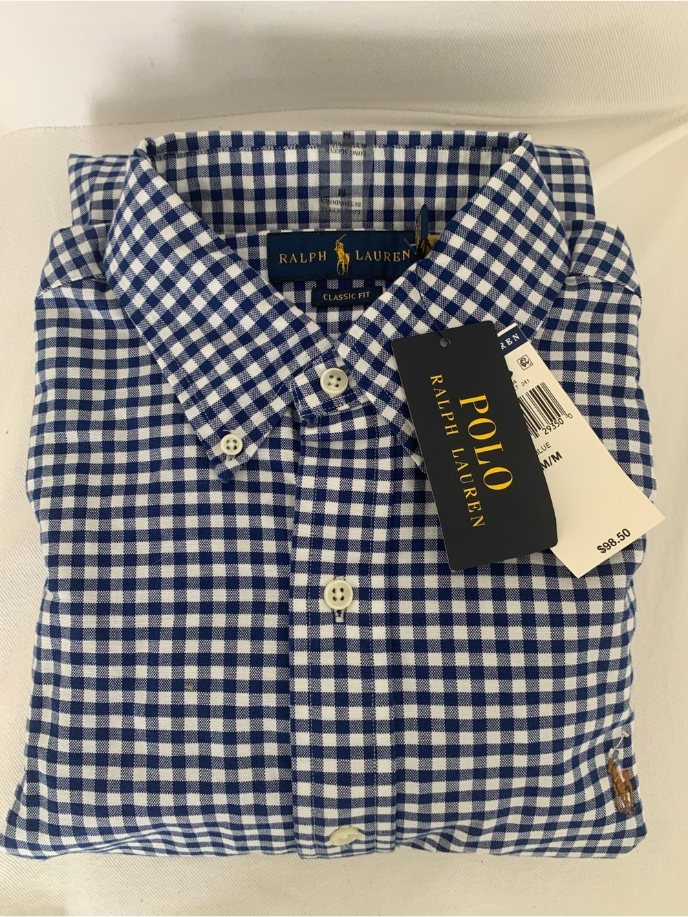 Polo by Ralph Lauren Blue and White Gingham Button-Down Shirt, Medium. NWT